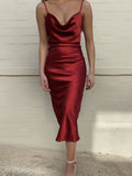 Aspen Midi Dress - Deep Red Satin