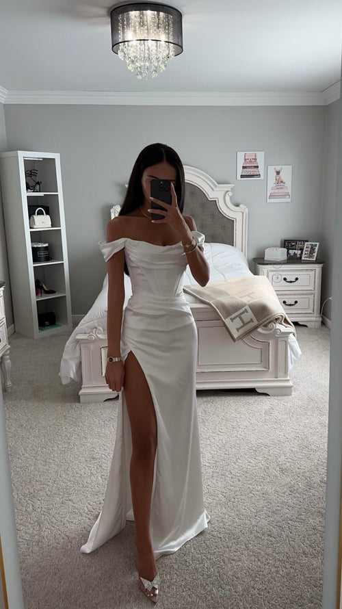 White satin dress off shoulder Clearance