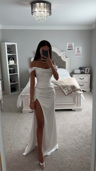 OFF WHITE SATIN OFF SHOULDER MAXI DRESS – SHOP DDMINE