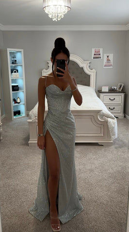 SILVER GLITTERY CORSET LACE BACK SLIT GOWN