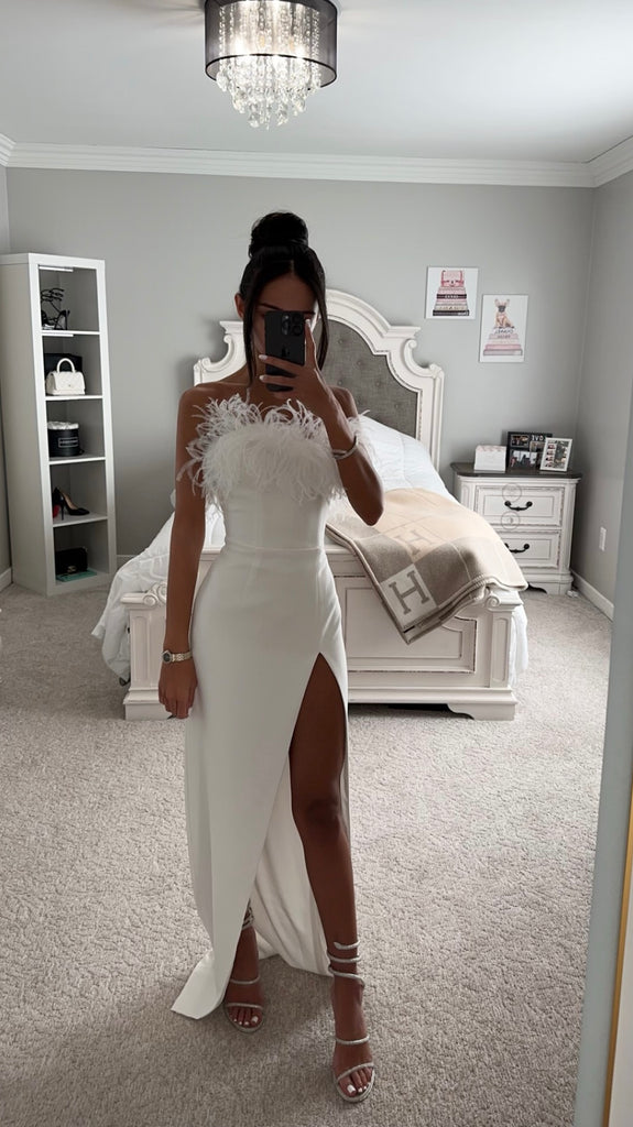 RAQUEL WHITE FEATHER HIGH SLIT MAXI DRESS – DDMINE