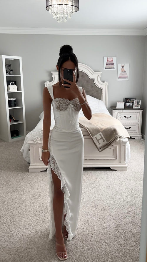 WHITE LACE SATIN MAXI CORSET DRESS – DDMINE