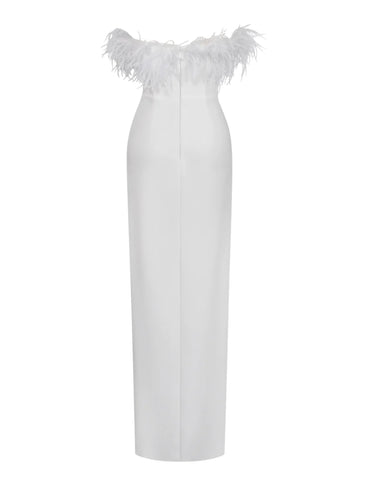 RAQUEL WHITE FEATHER HIGH SLIT MAXI DRESS – DDMINE