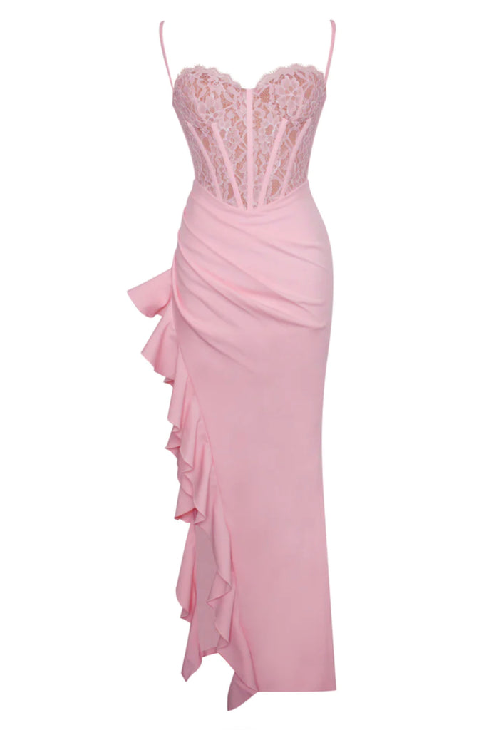 Maxi Dress with Ruched Corset and Pleated Skirt - Pink main image 1