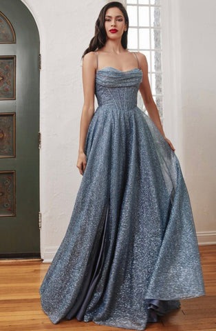 SMOKY BLUE LACE UP GLITTER BALL GOWN