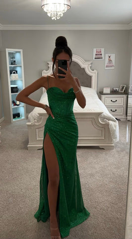 EMERALD GLITTERY CORSET LACE BACK SLIT GOWN