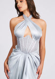SILVER CRYSTAL CORSET SATIN GOWN