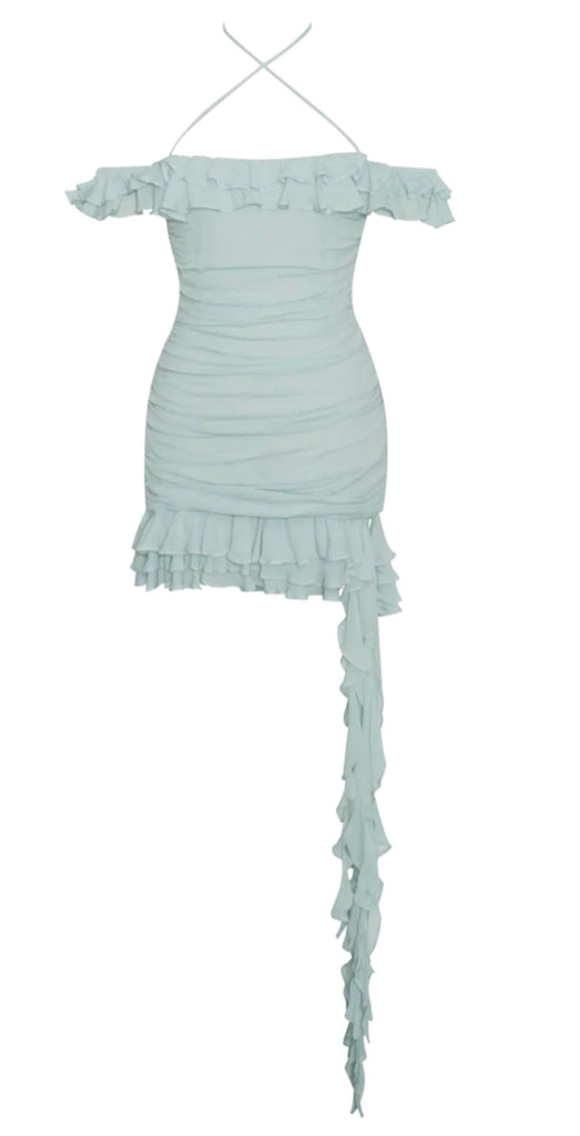 Mint Cold-Shoulder Ruffled A-Line Short Dress main image 1
