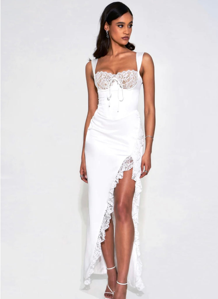WHITE LACE SATIN MAXI CORSET DRESS – SHOP DDMINE