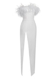 RAQUEL WHITE FEATHER HIGH SLIT MAXI DRESS