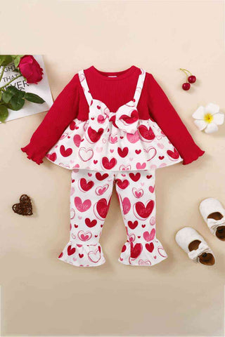 GIRLS HEART PRINT BOW DETAIL SWEATER AND FLARE PANT SET
