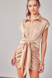 COLLAR BUTTON UP FRONT TIE MINI DRESS