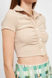 BUTTON UP COLLARED TOP WITH SHIRRING DETAIL