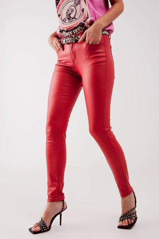 Red leather slim pants