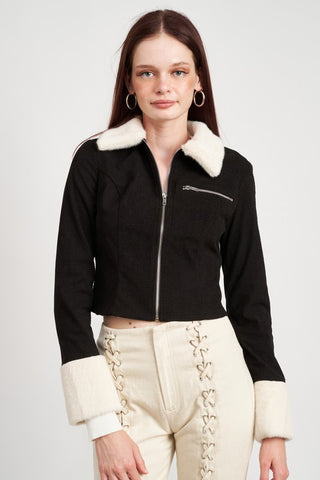 CONTRASTED COLLAR AND CUFF CROP JACKET