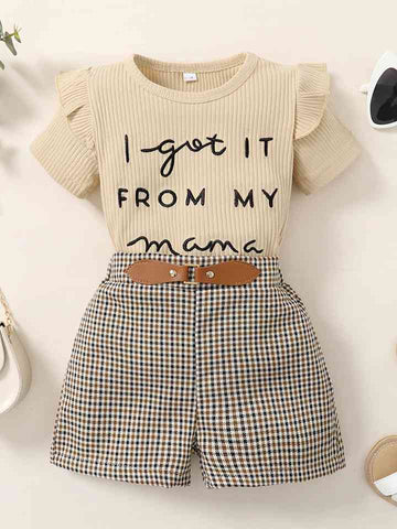 RIBBED ROUND NECK TOP AND PLAID SHORTS SET