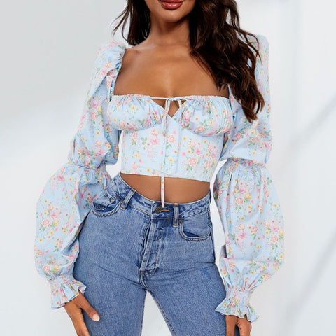 CROPPED SWEETHEART BUBBLE SLEEVE TOP