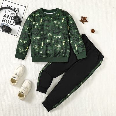 BOYS LETTER PRINT ROUND NECK TOP AND PANTS SET