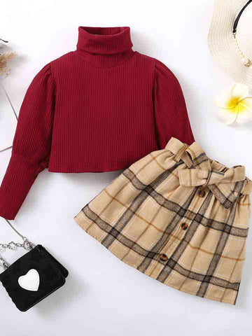 TURTLE NECK SWEATER AND PLAID SKIRT SET