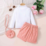 GIRLS KNIT TOP AND BUTTON SKIRT WITH BAG