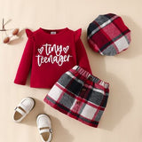 LETTER GRAPHIC RUFFLE TRIM TOP AND PLAID SKIRT SET