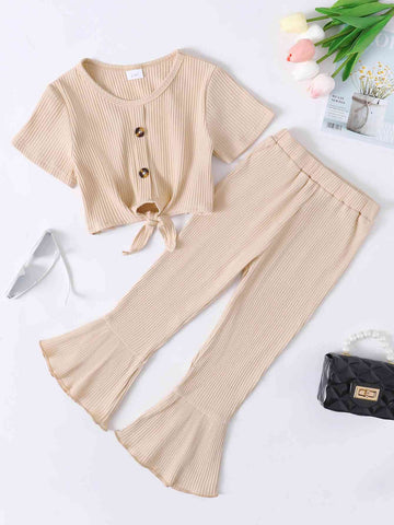 GIRLS RIBBED BUTTONED TOP AND FLATE PANT SET