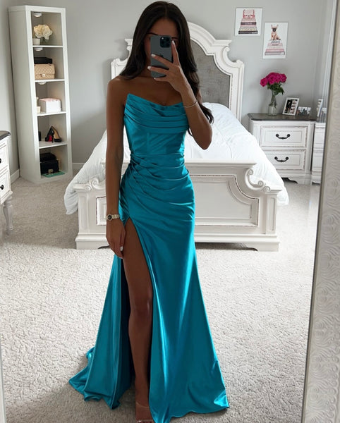 OCEAN BLUE ASYMMETRICAL SATIN GOWN – SHOP DDMINE