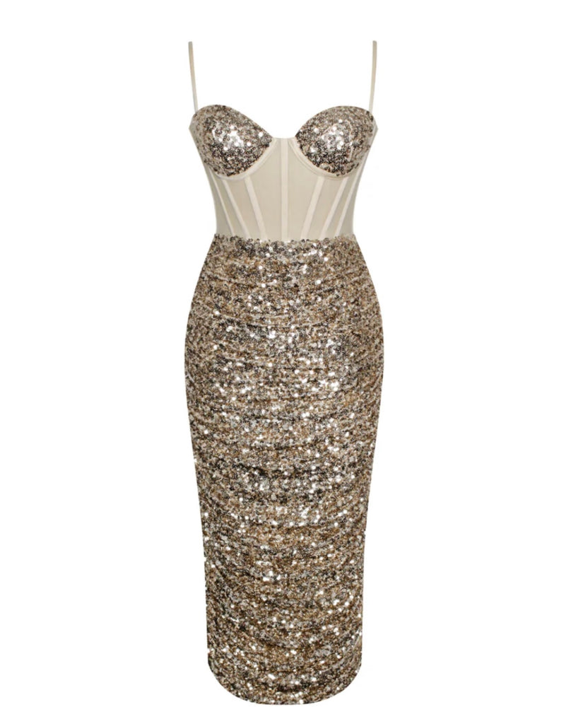 GOLD SEQUIN CORSET MIDI DRESS – SHOP DDMINE