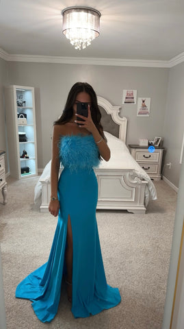 OCEAN BLUE TWO PIECE FEATHER GOWN