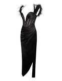 ODELL BLACK FEATHER STRAP CORSET MIDI GOWN