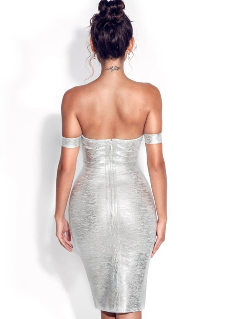 Off-the-Shoulder Ruffle Bodycon Floor-Length Dress Silver main image 1
