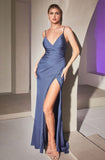 SMOKY BLUE FITTED RUCHED SATIN GOWN