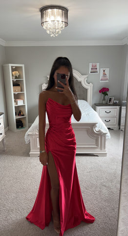 RED ASYMMETRICAL SATIN GOWN