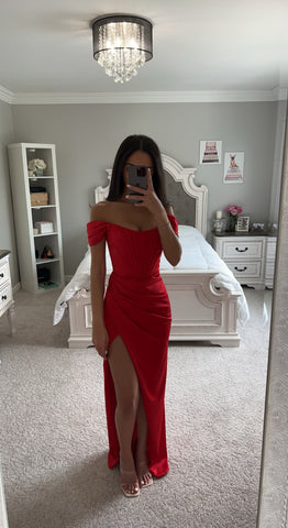 Red long off 2025 the shoulder dress