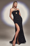 HALTER FITTED SEQUIN KEY HOLE FRONT GOWN