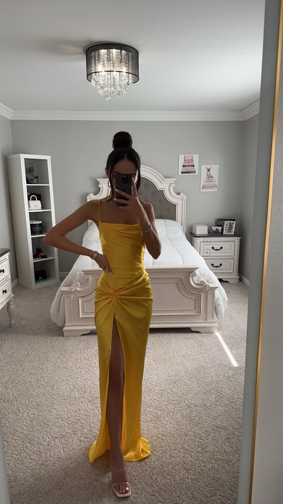 SATIN FITTED GOWN WITH EMBELLISHED SLIT main image 1