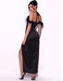 ODELL BLACK FEATHER STRAP CORSET MIDI GOWN
