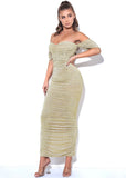 GOLD OFF SHOULDER RUCHED MIDI DRESS