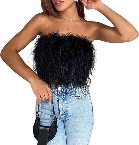 Feather Trim Tube Top - ST8519 - Meo's Suite