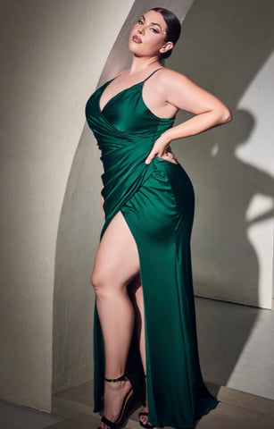 EMERALD FITTED RUCHED SATIN GOWN