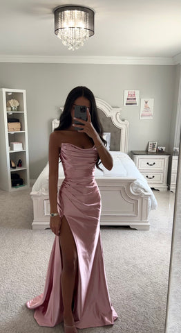 DUSTY ROSE ASYMMETRICAL SATIN GOWN – SHOP DDMINE