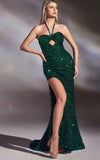 HALTER FITTED SEQUIN KEY HOLE FRONT GOWN
